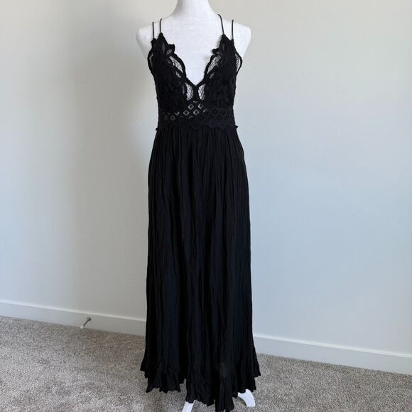 FP One womens Adella Maxi Dress Crochet Smocked spaghetti Strap Black Goth Sz M - Picture 2 of 14